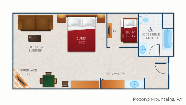 The floor plan for the KidCabin Suite (Accessible Bathtub) 